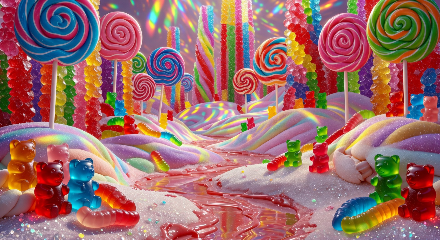Colorful candy world with vibrant sweets and gummies creating an immersive backdrop
