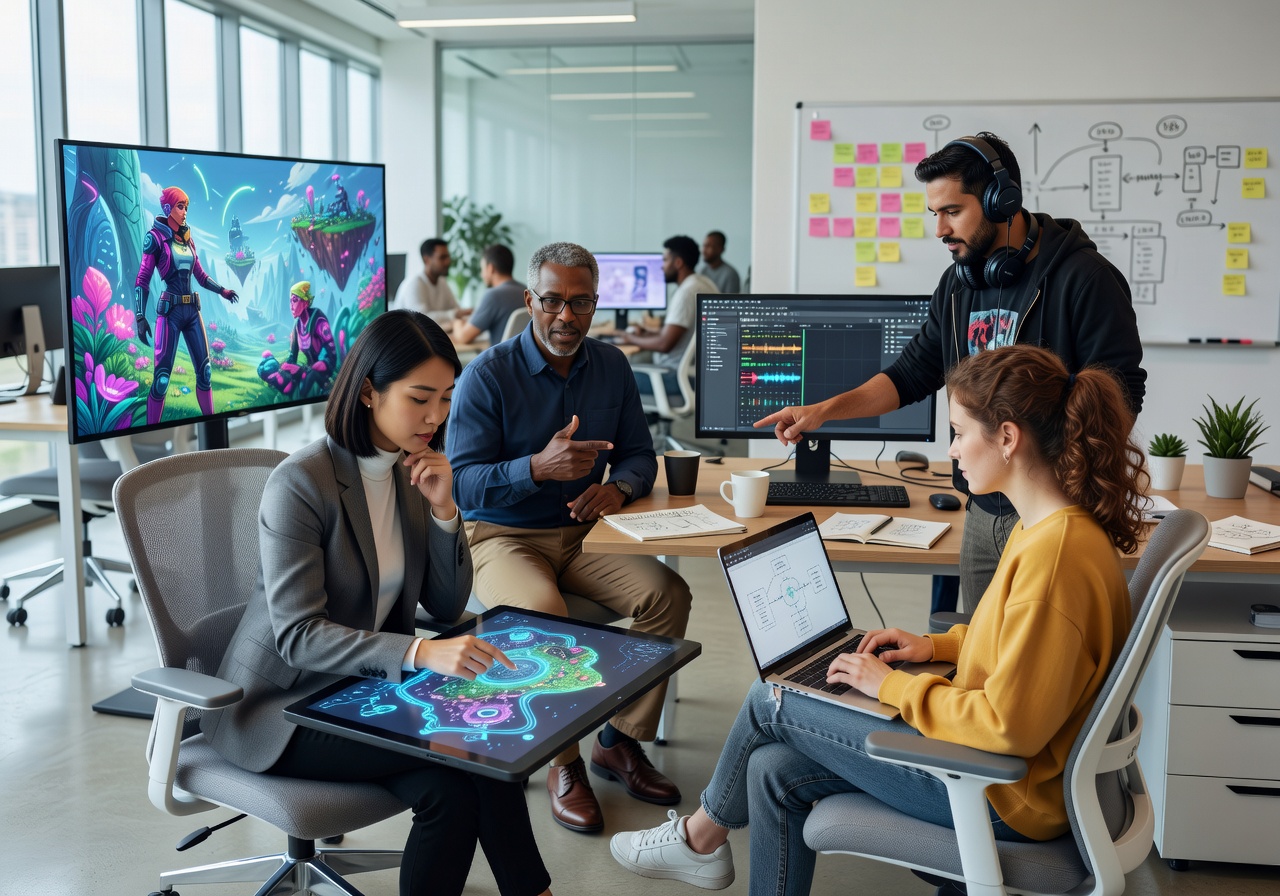 Creative team collaborating at a modern office designing game experiences