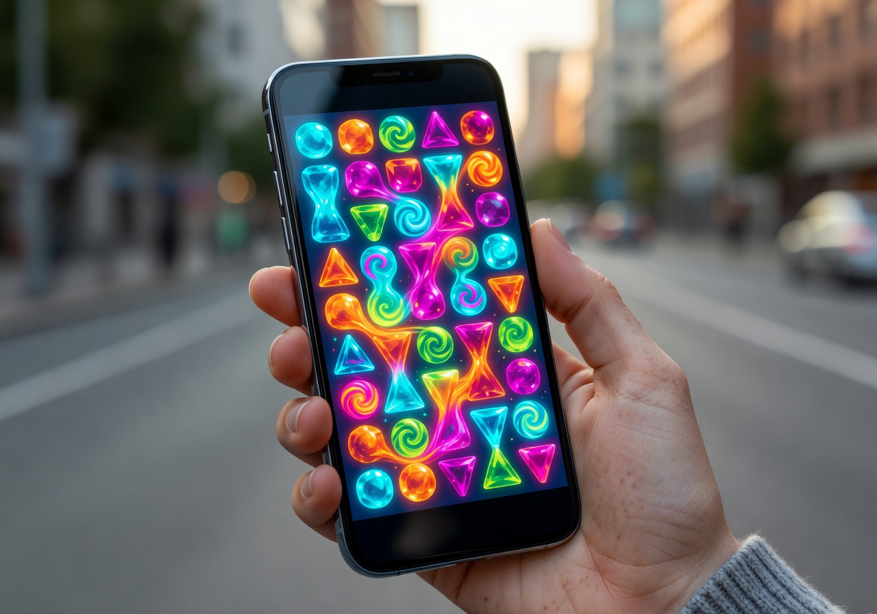 Mobile device displaying a colorful game interface for playing on the go