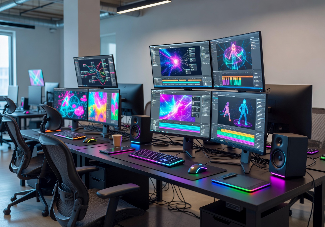 Modern technology workspace with colorful screens showing game development tools